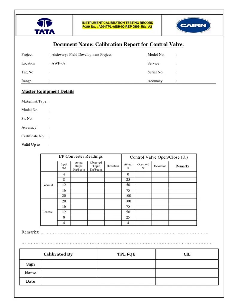 Instrument Calibration Test Report Format Calibration Accuracy And