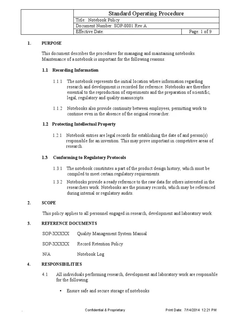 Lab Notebook Policy SOP Notebook Experiment