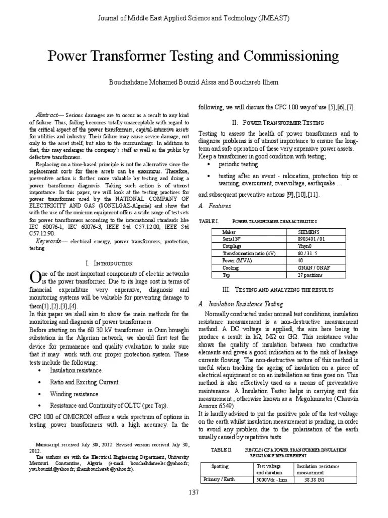 Power Transformer Testing and Commissioning PDF PDF Transformer Electrical Resistance And