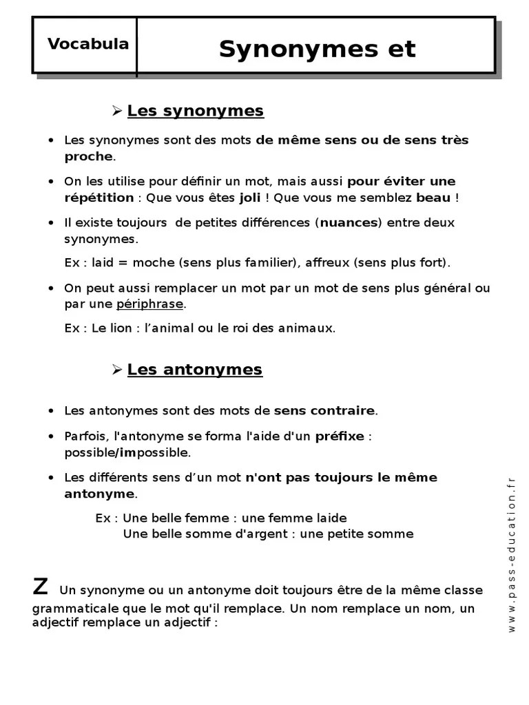 Synonymes Et Antonymes Cours | PDF