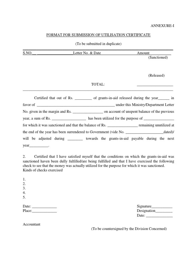 Format for Utilization Certificate