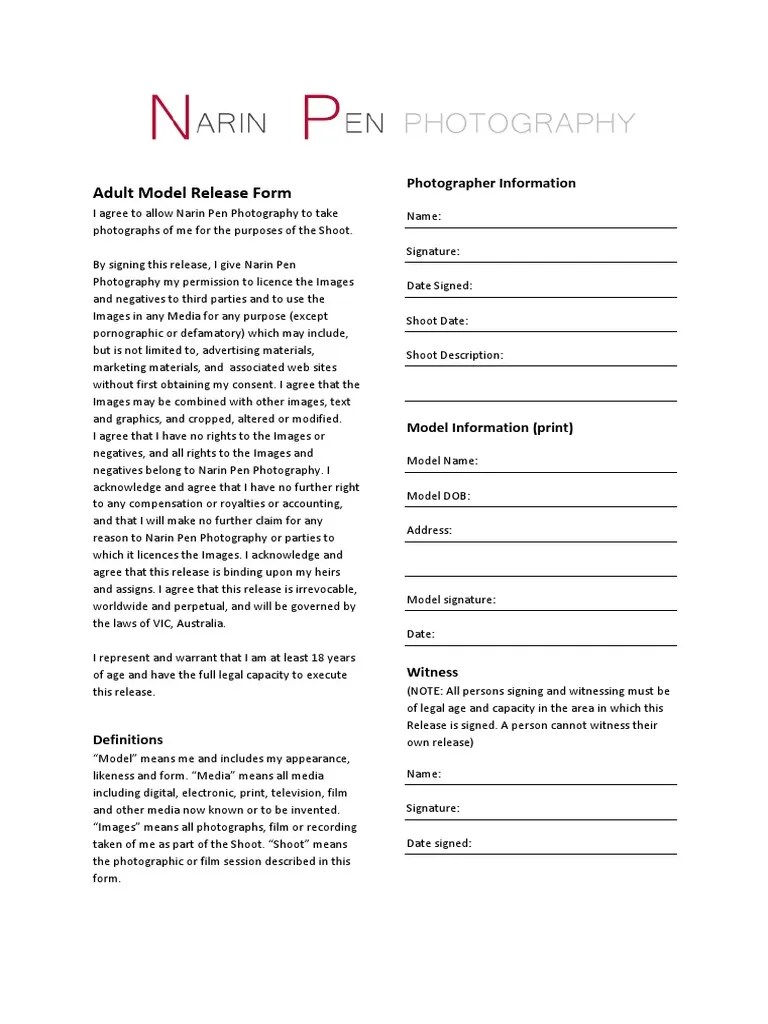 Adult Model Release Form PDF Mass Media Social Institutions