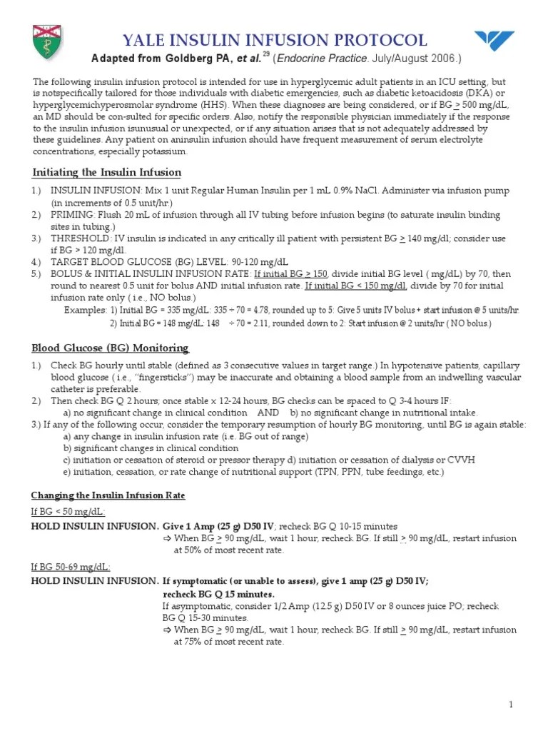Yale Insulin Infusion Protocol Insulin Intravenous Therapy