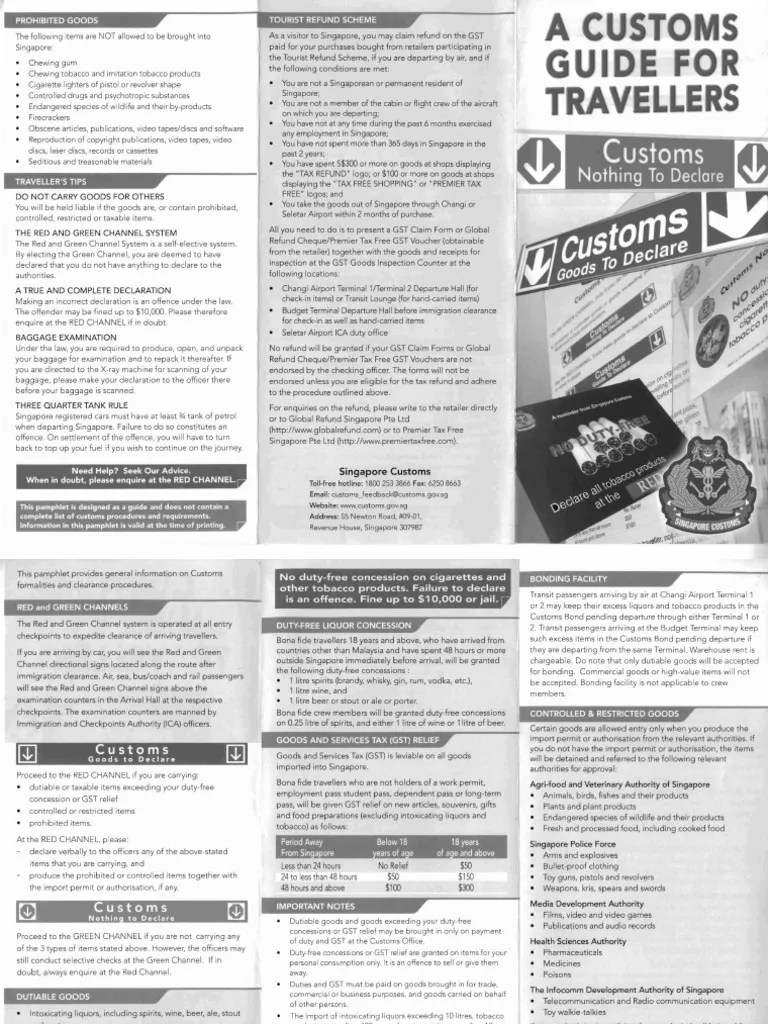 Singapore Customs Guide to travellers Customs Business