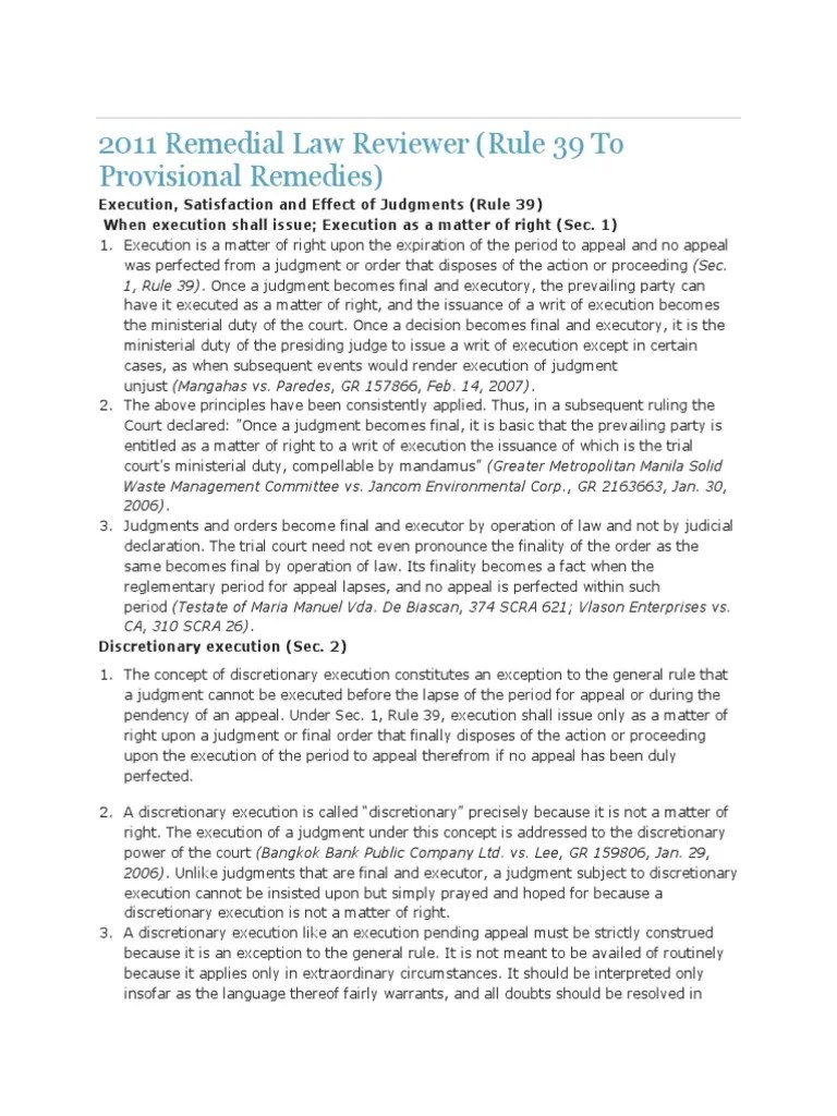 Civil Procedure Rule 39 To Provisional Remedies PDF Garnishment Judgment (Law)