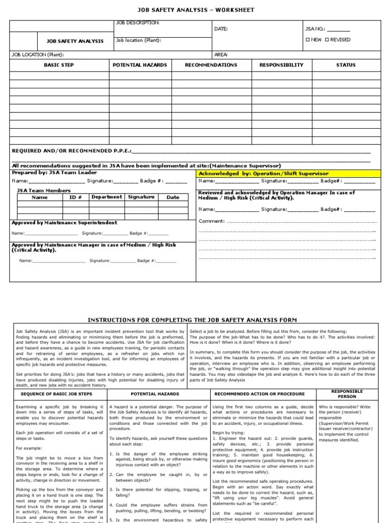 Jsa Form PDF Prevention Safety