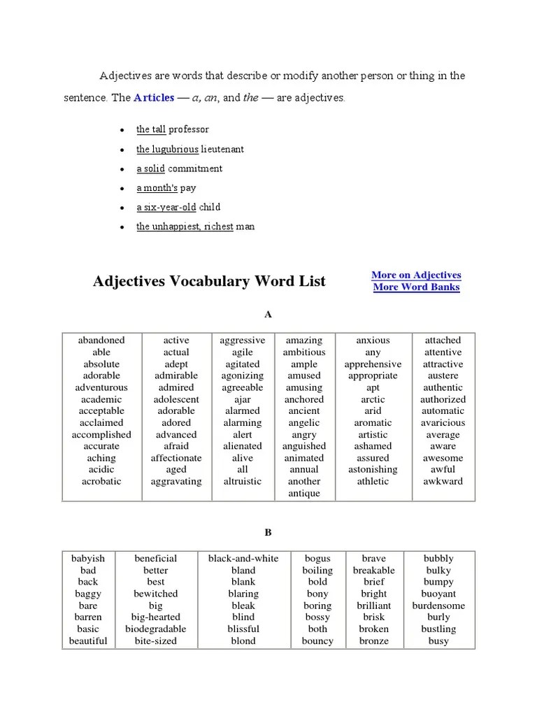 Adjectives Are Words That Describe or Modify Another Person or Thing in