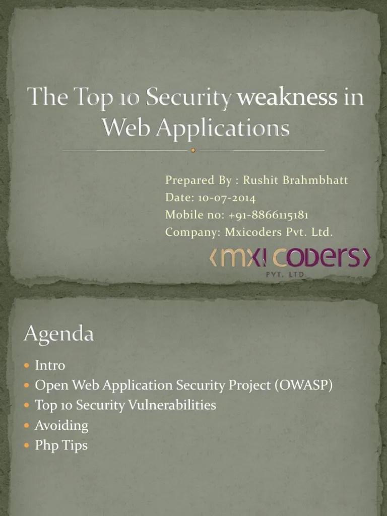 The Top 10 Security Weakness (Vulnerabilities) in  Applications