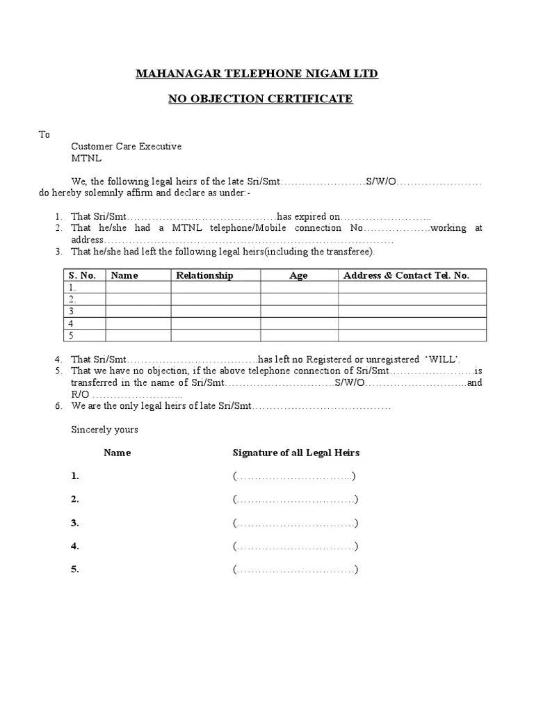 Mahanagar Telephone Nigam Ltd No Objection Certificate S. No. Name