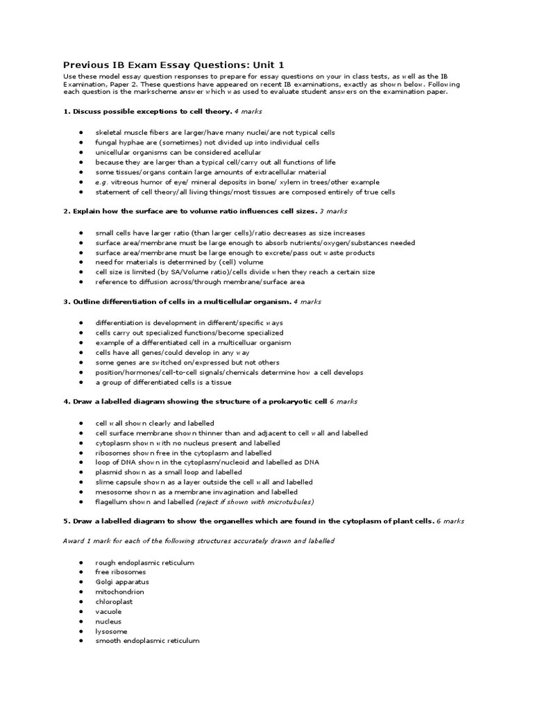 Previous IB Exam Essay Questions Eukaryotes Cell (Biology)
