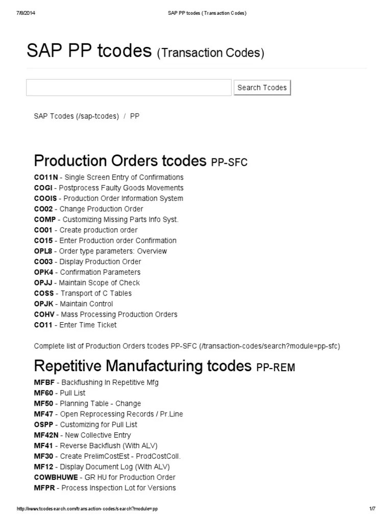 SAP PP Tcodes (Transaction Codes) PDF Systems Science Information
