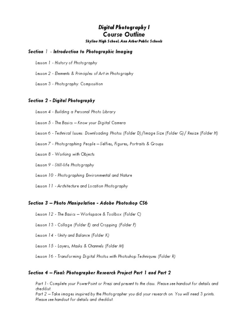 Course Outline Digital Photography I Adobe