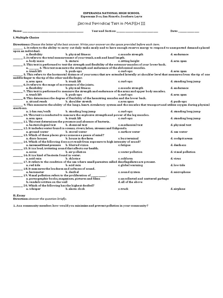 MAPEH Exam Flexibility (Anatomy) Physical Strength