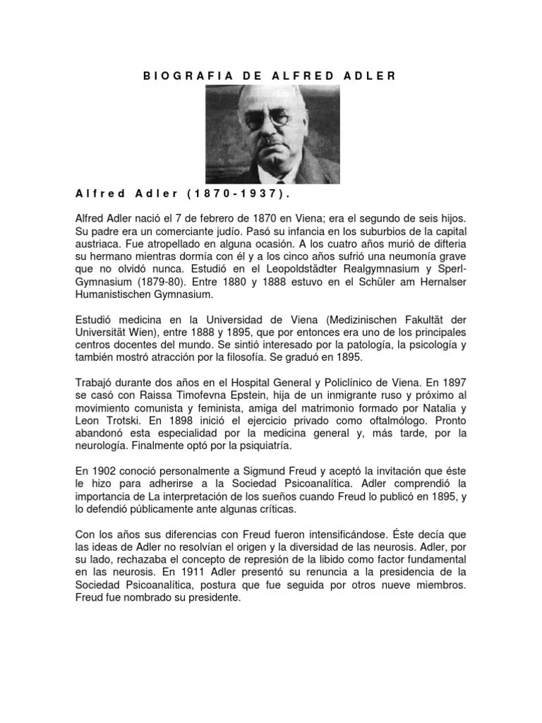 Biografia de Alfred Adler Neurosis PsicoanÃ¡lisis Prueba gratuita