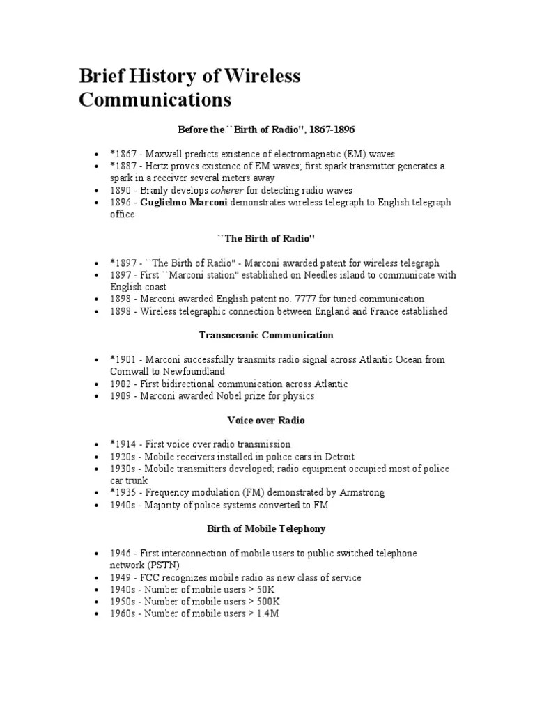 Brief History of Wireless Communications PDF Cellular Network Radio