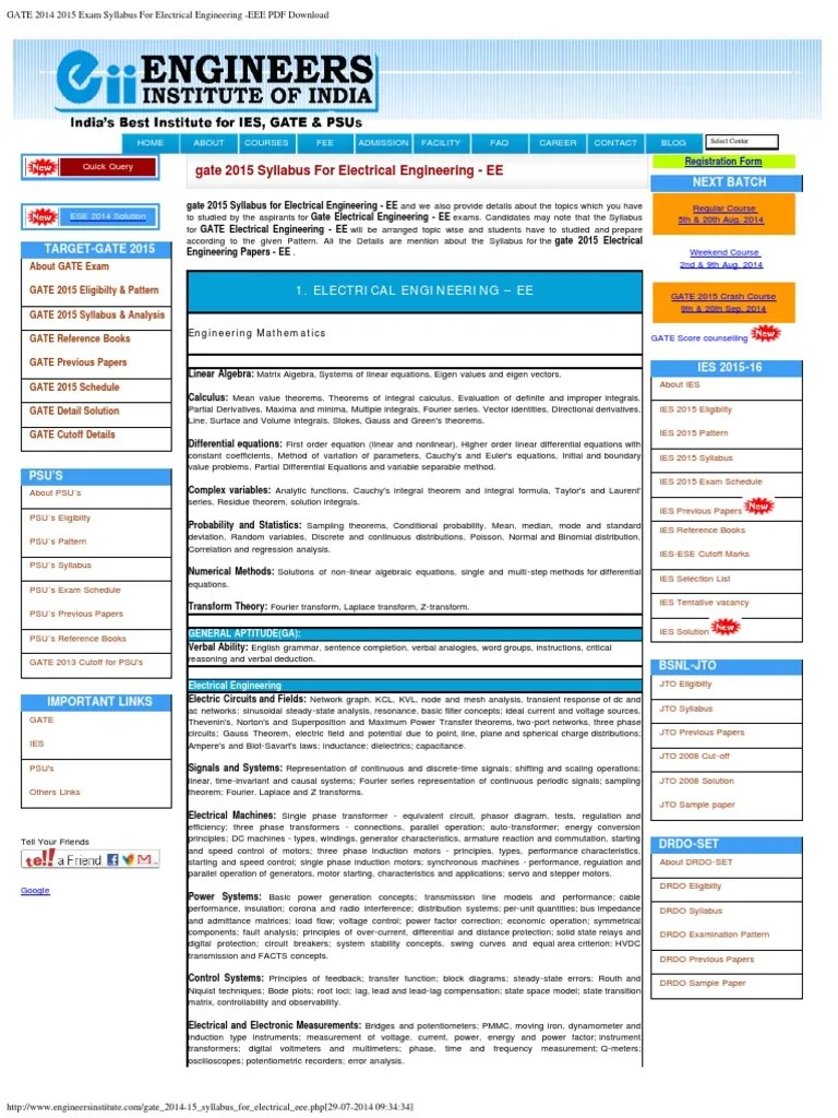 GATE 2014 2015 Exam Syllabus for Electrical Engineering EEE PDF Download Laplace Transform