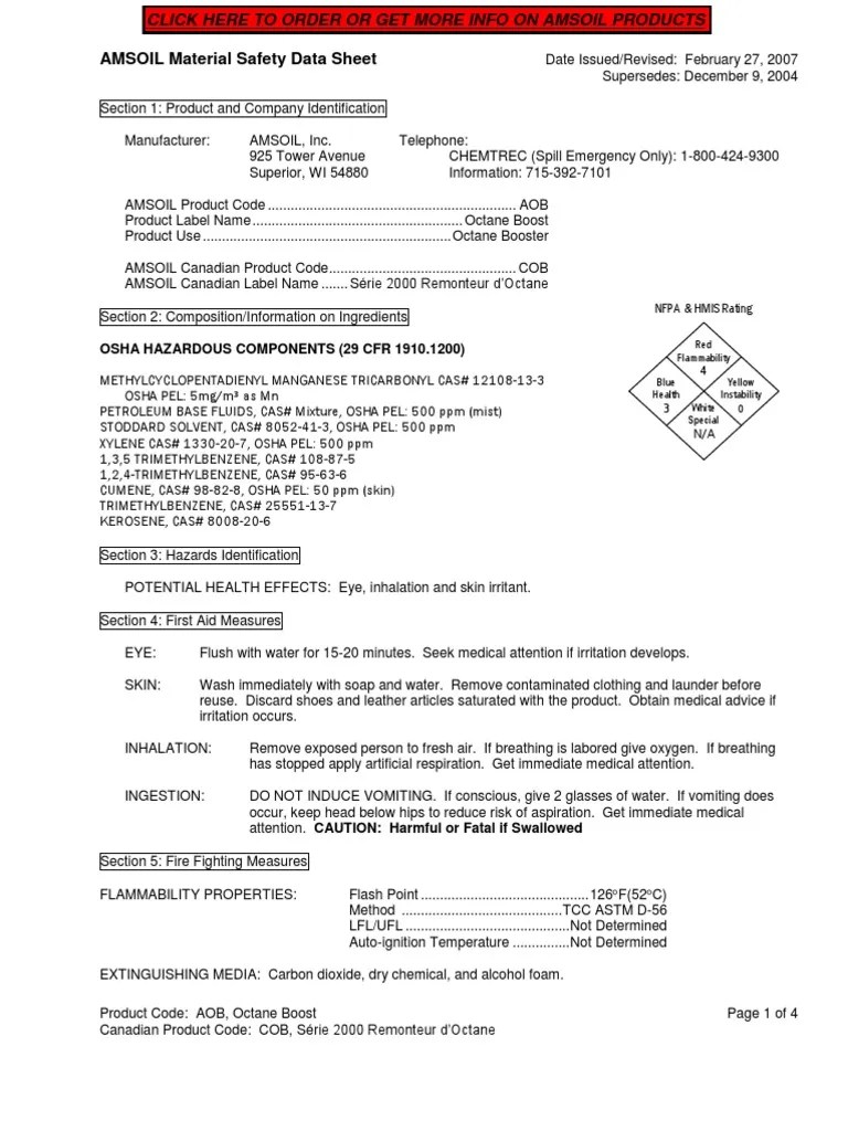 AMSOIL Material Safety Data Sheet Osha Hazardous Components (29 CFR 1910.1200) PDF Resource