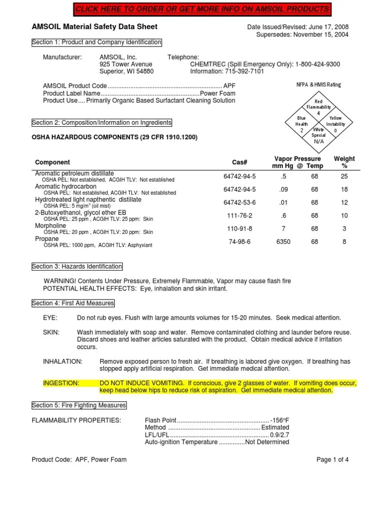 AMSOIL Material Safety Data Sheet Osha Hazardous Components (29 CFR 1910.1200) PDF