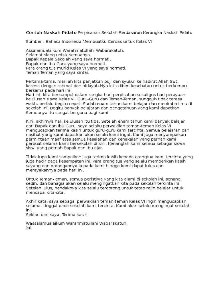 Contoh Naskah Pidato Perpisahan Sekolah Berdasaran Kerangka Naskah Pidato |  PDF