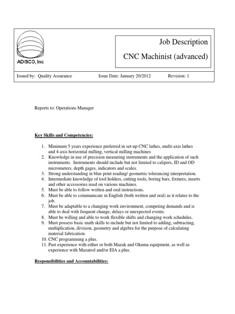 Job Description CNC Machinist (advanced) Key Skills and Competencies