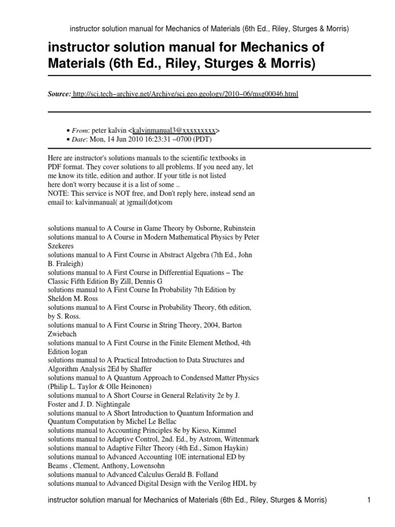 Mechanics Of Materials Riley 6th Edition Solutions Pdf Coleta de