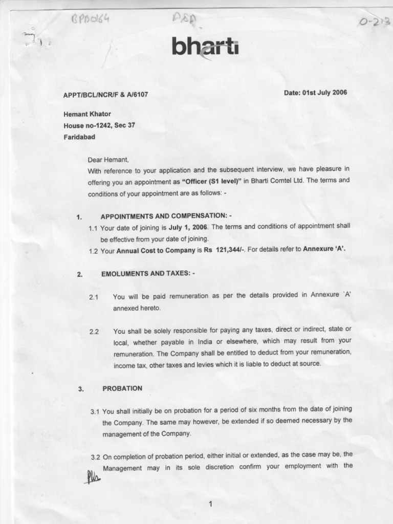 Airtel Offer Letter Business Law Private Law