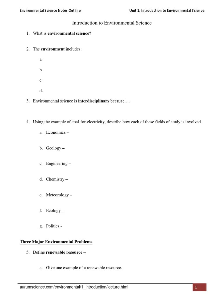 Introduction To Environmental Science Lecture Notes Outline PDF Environmentalism