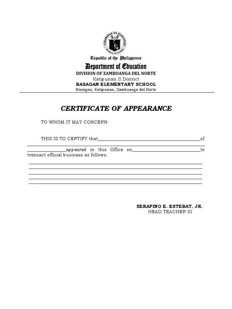 Certificate of Appearance