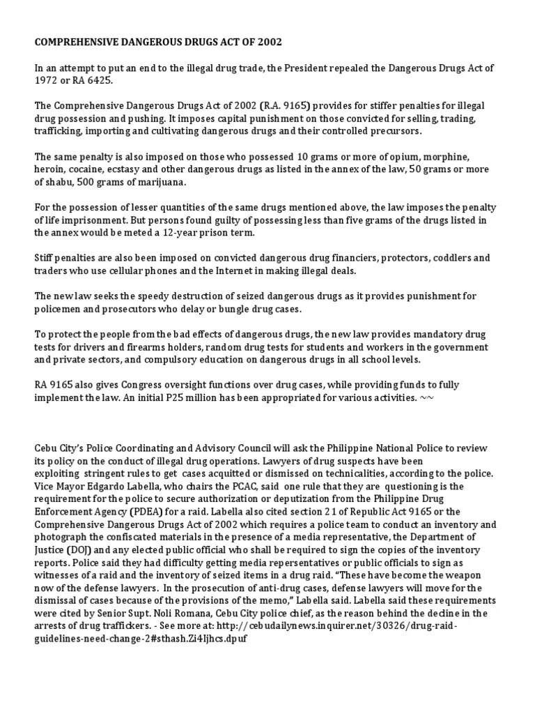Comprehensive Dangerous Drugs Act of 2002 Narcotic Prohibition Of Drugs