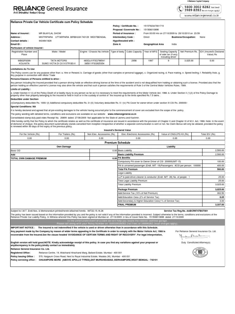 Reliance Private Car Vehicle Certificate Cum Policy Schedule Vehicles