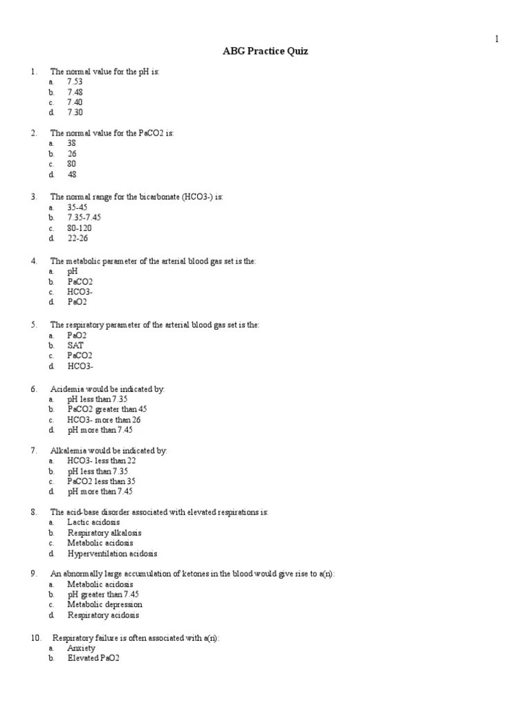 ABG Practice Quiz Metabolic Disorders Physiology