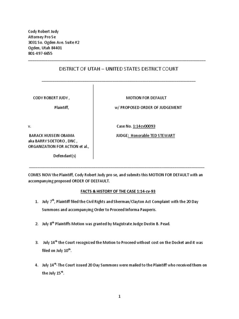 Motion for Judgement of Default Default Judgment Complaint