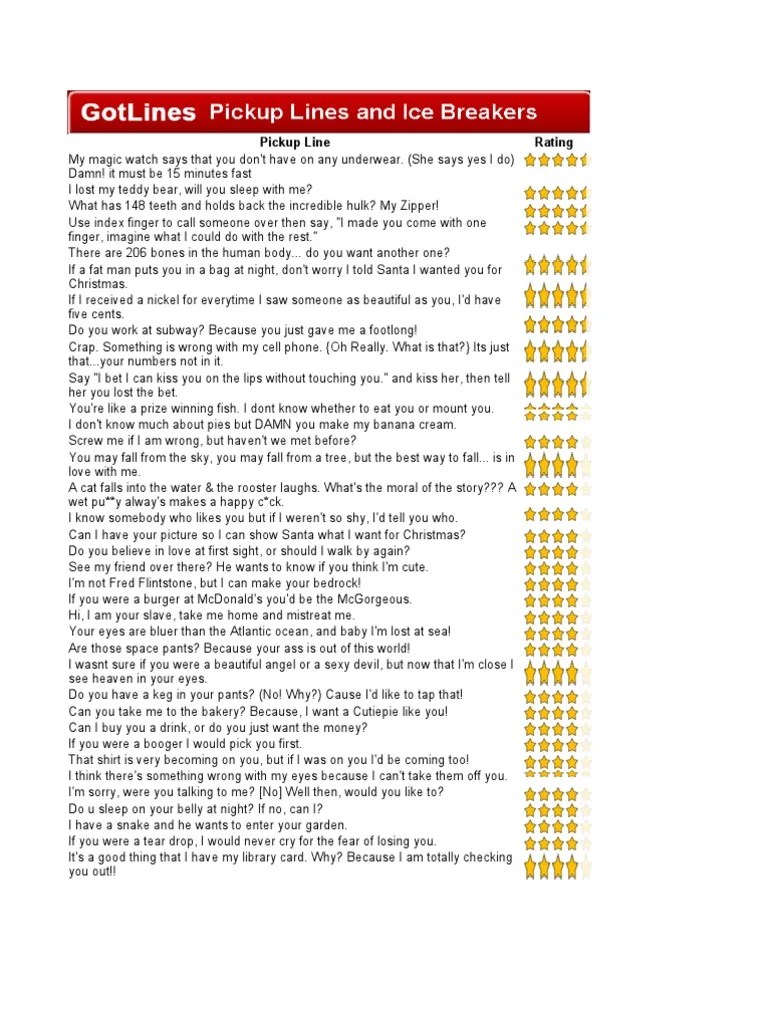 A Large List of Pick Up Lines With Ratings Leisure Nature Free 30