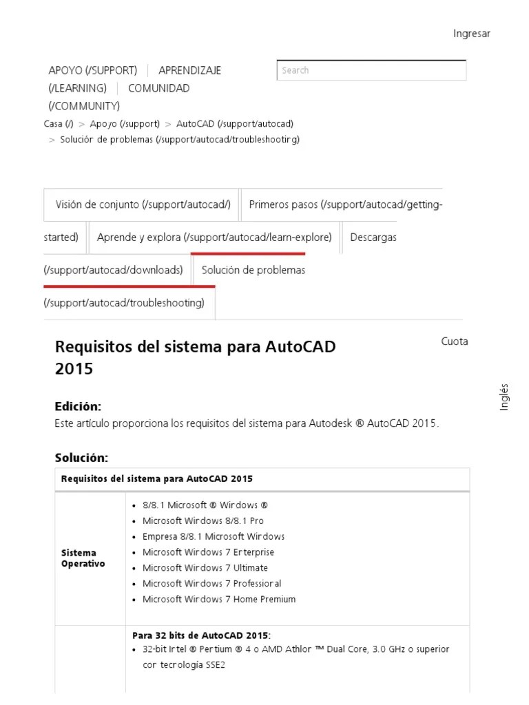 Requisitos Instalación AutoCAD 2015 Intel Microsoft Windows