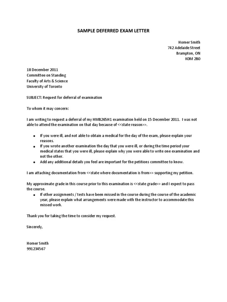 Sample Deferred Exam Letter