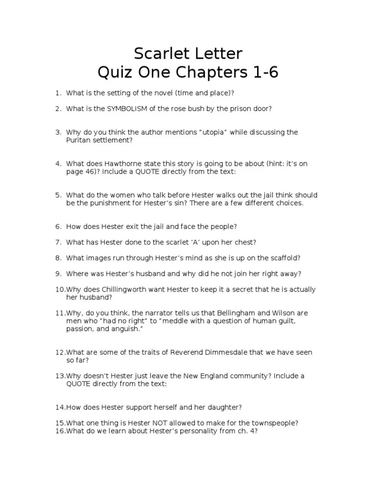 Scarlet Letter Quiz One Chapters 16 The Scarlet Letter Novels