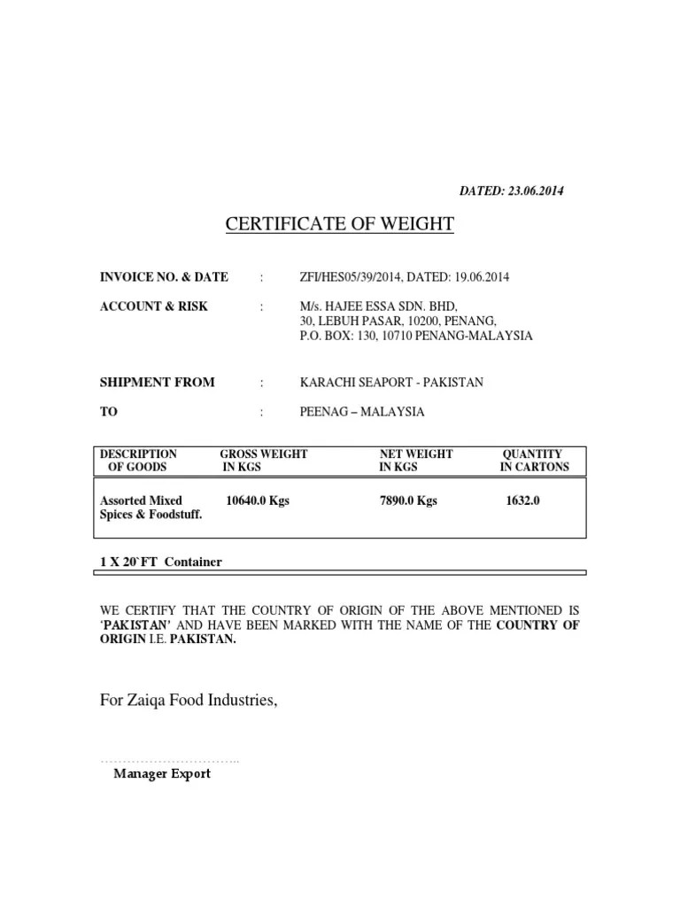 Weight Certificate Hes0539 PDF