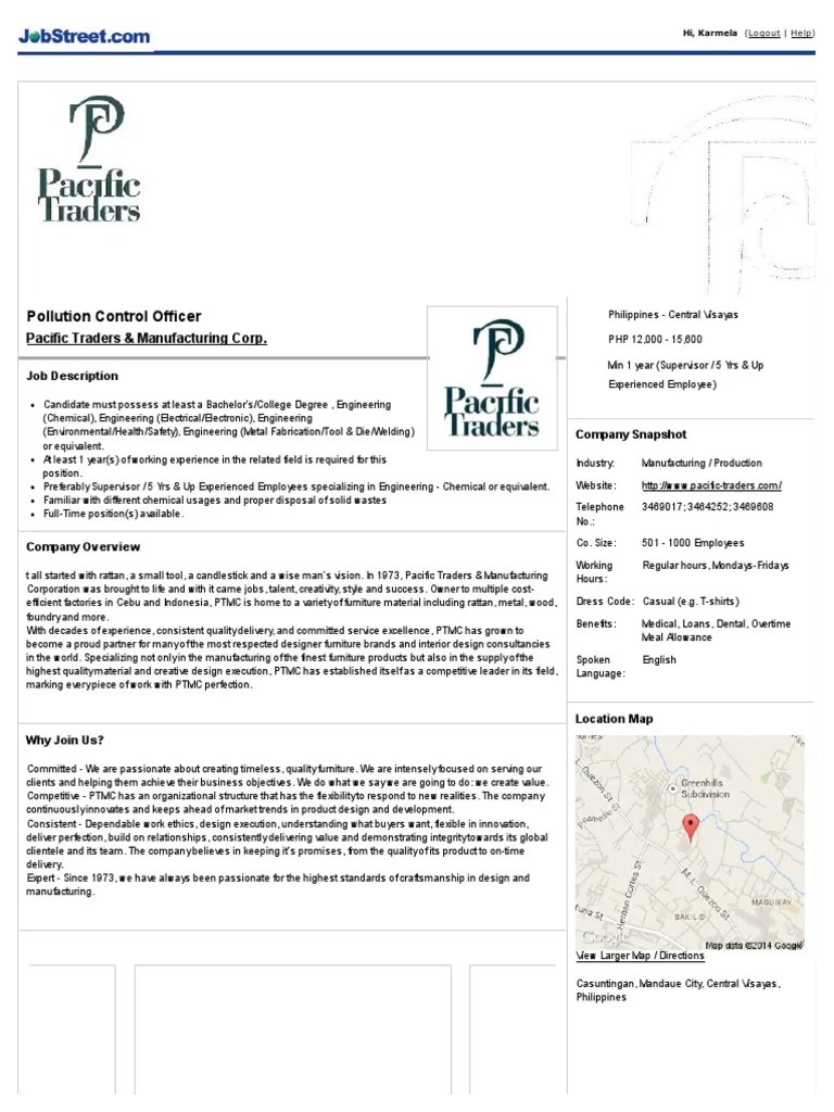 JOB OPENING FOR Pollution Control Officer Pacific Traders