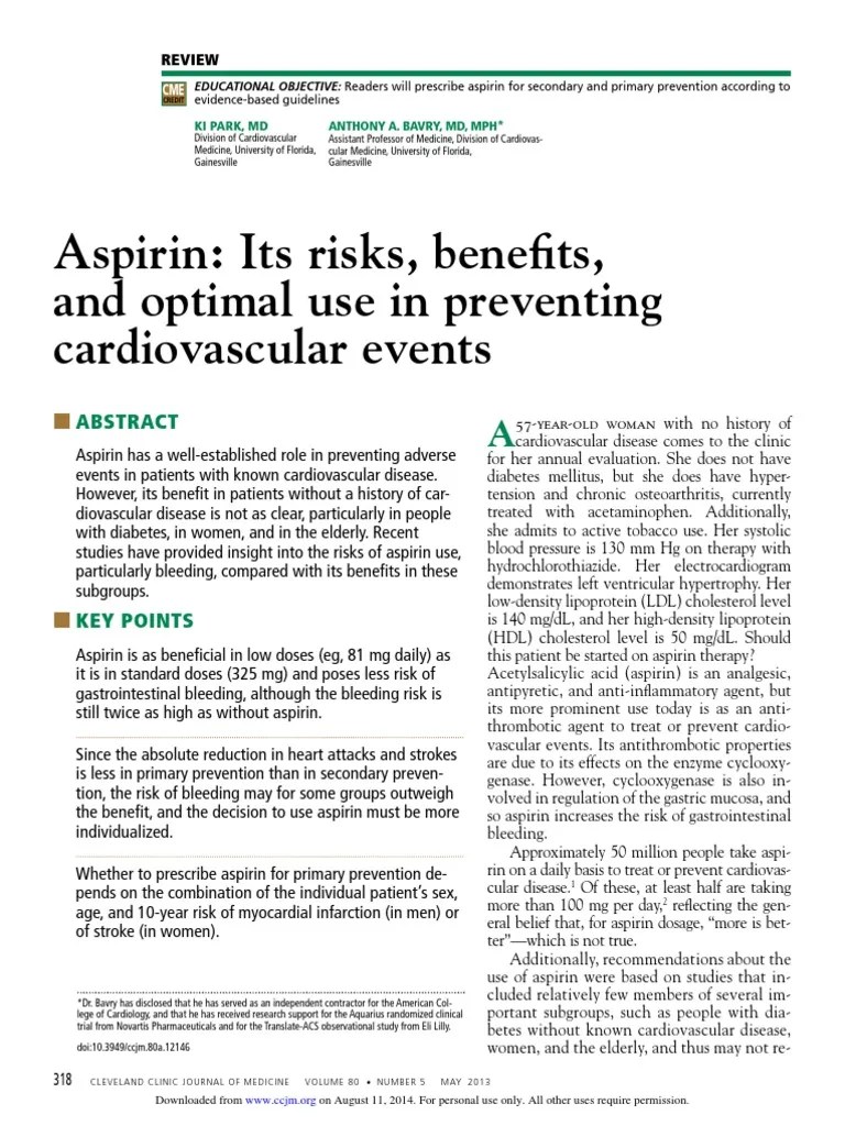 Aspirin Benefits Vs Risk PDF Aspirin Cardiovascular Diseases