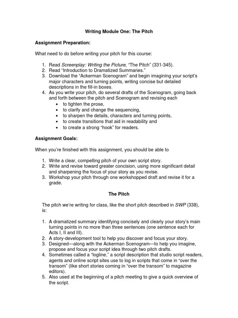 Writing Module One: The Pitch Assignment Preparation | PDF | Narration