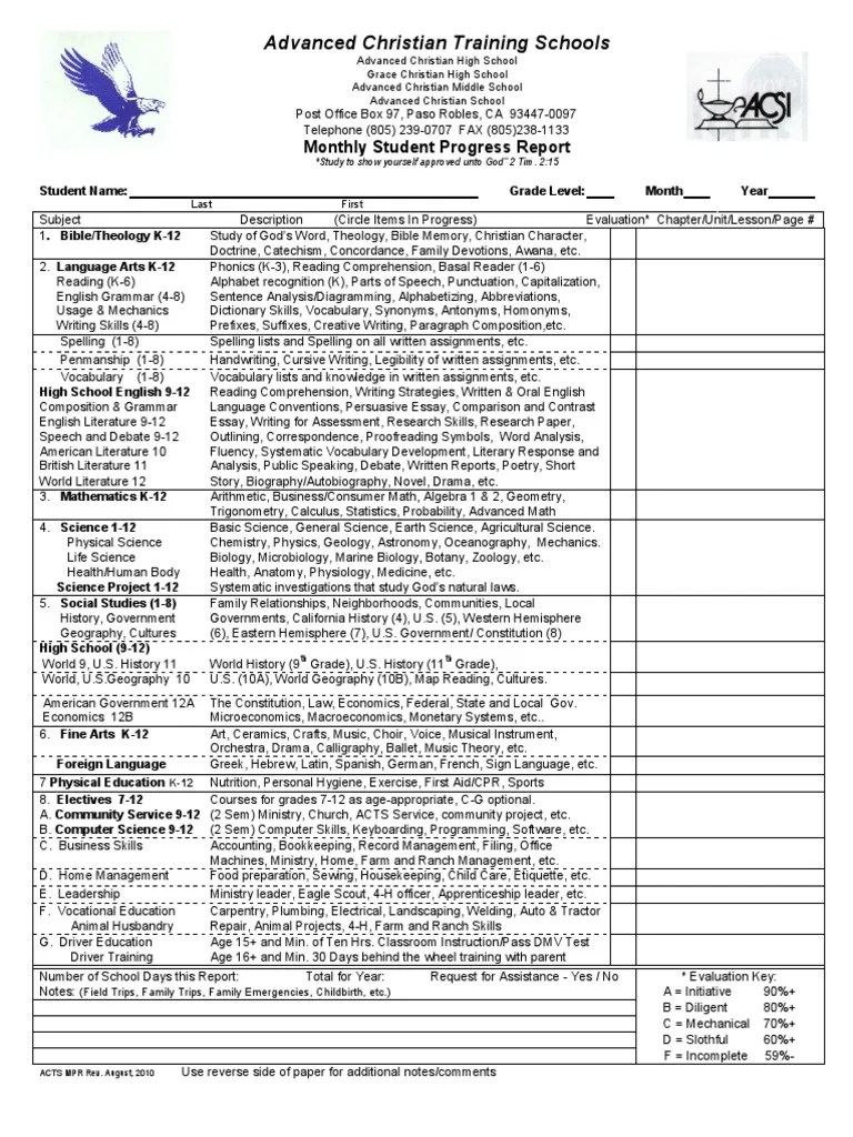 ACTS Monthly Progress Report Reading Comprehension Phonics