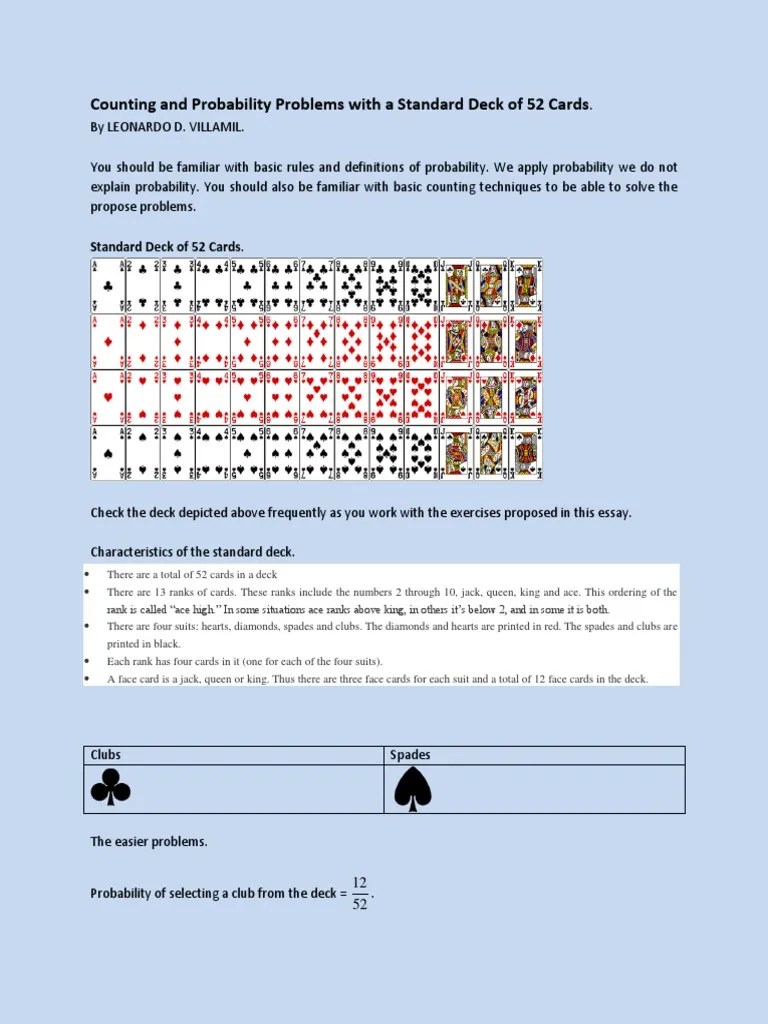 Probability Problems With a Standard Deck of 52