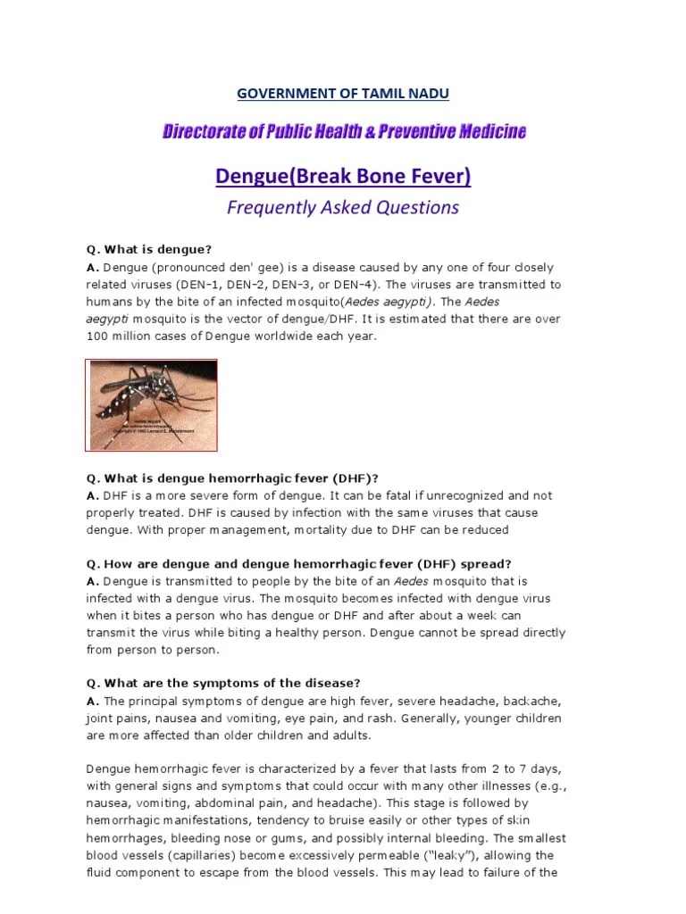 Dengue(Break Bone Fever) FAQ, DPHTAMIL NADU, India Veterinary