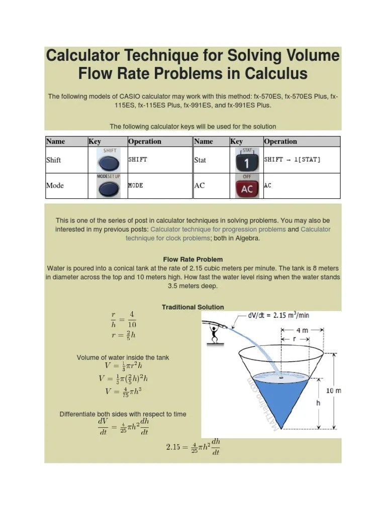 Calculator Technique for Solving Volume Flow Rate Problems in Calculus
