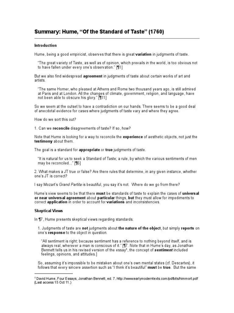 Hume's Standard of Taste [Summary] David Hume Taste