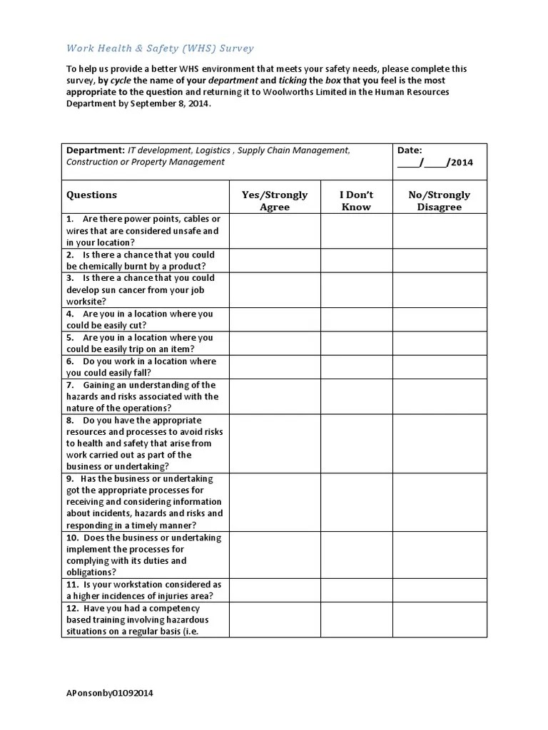 WHS Survey Occupational Safety And Health Safety