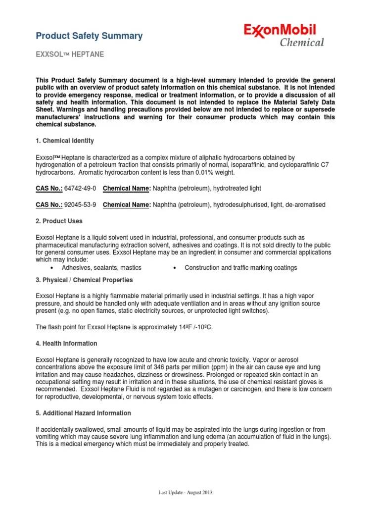Exxsol Heptane Product Safety Summary PDF Exxon Mobil Toxicity