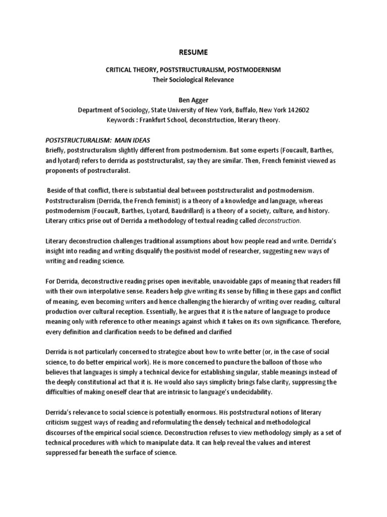 Resume Critical Theory, Poststructuralism, Postmodernism PDF