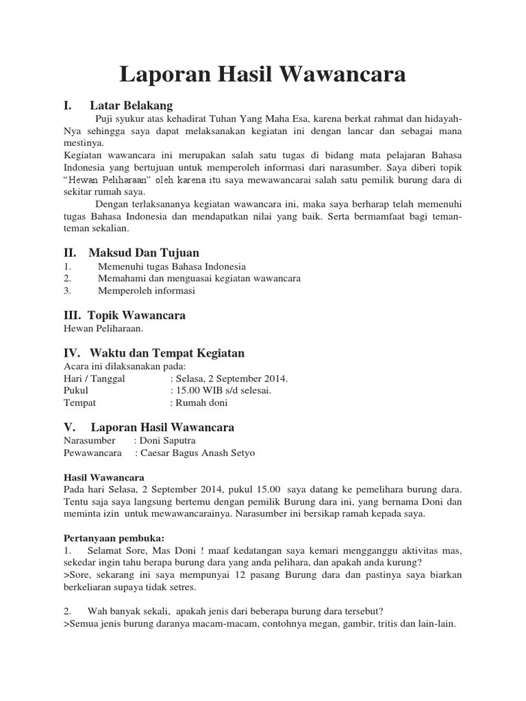 Contoh Laporan Hasil Wawancara Tentang Hewan Peliharaan Ilmu Sosial