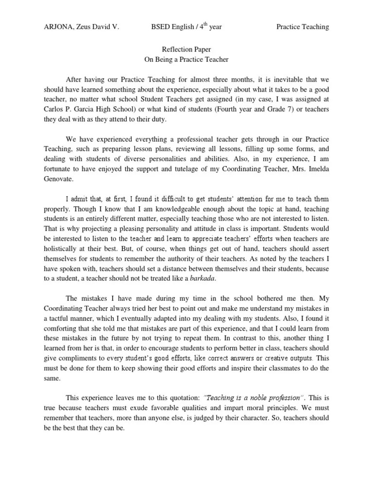 My Reflection Paper - Practice Teaching | Lesson Plan | Teachers
